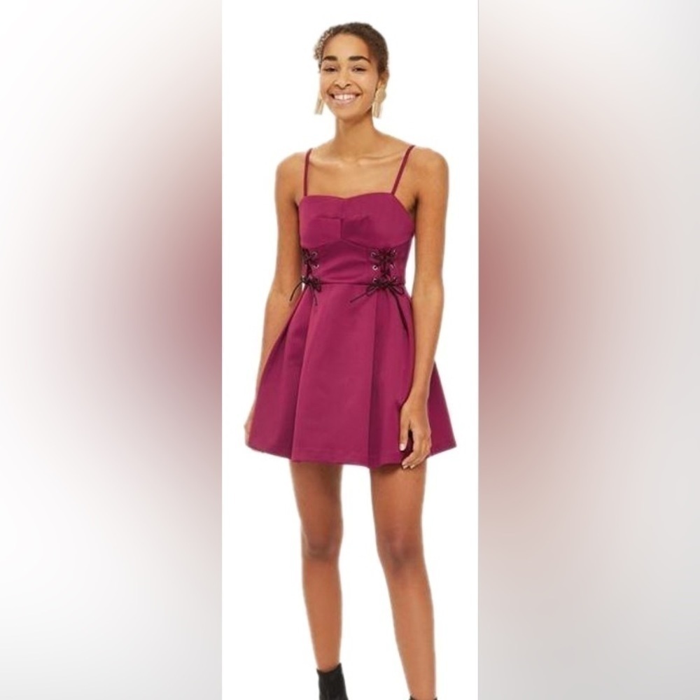 TOPSHOP Burgundy lace up corset dress